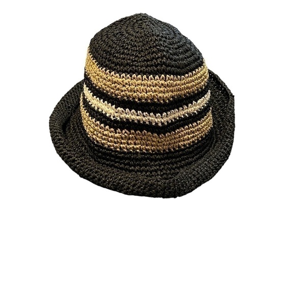 Vintage Women's Black, Green& White Crocheted Woven Paper Sun Hat. Circa 1990s. - Picture 5 of 5